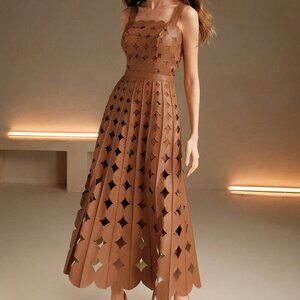 Khaki Elegant Women's Faux Leather Laser Party maxi Dress